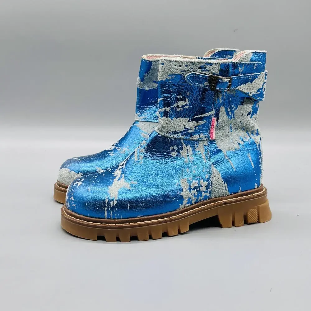 Roberto Cavalli Boots Girls 11 Blue Metallic Angels Combat Zipper Lug Sole Shoes